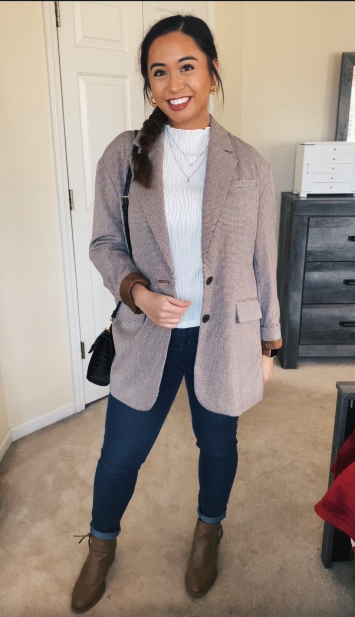 Business casual outfit. Brown plaid blazer with ribbed cream top. Jeans and brown booties.

#LTKfit #LTKworkwear #LTKFind