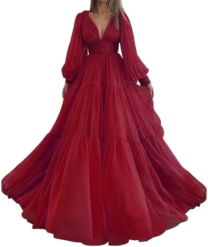Long Sleeve Tulle Prom Dresses V Neck Puffy Formal Evening Party Gown for Women Princess Wedding ... | Amazon (US)