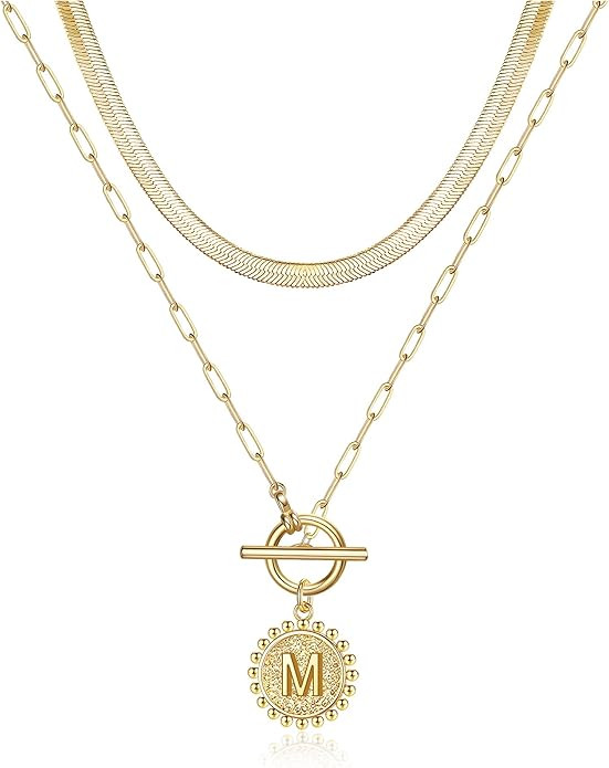Gold Layered Initial Necklaces for Women, 14K Gold Filled Initial Coin Pendant Necklace Paperclip... | Amazon (US)