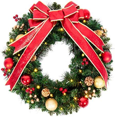 Artificial Lighted Christmas Wreath, Pre-lit Christmas Wreath with Festive Bow, Berries and Pine Con | Amazon (US)