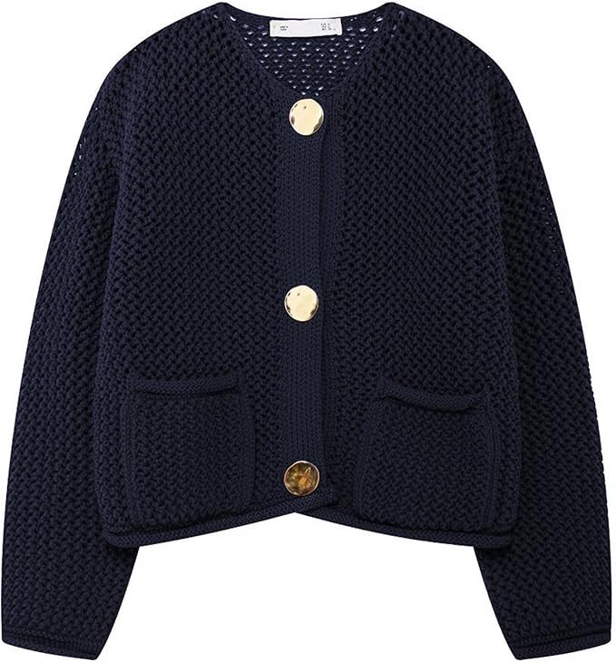 Wyeysyt Womens Cropped Cardigan Sweaters Chunky Knit Gold Button Down Open Front Cardigan Long Sl... | Amazon (US)