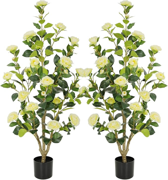 Bellacat 4ft Artificial Camellia Tree with Lifelike Yellow Flowers & Leaves, 48in Faux Camellia P... | Amazon (US)