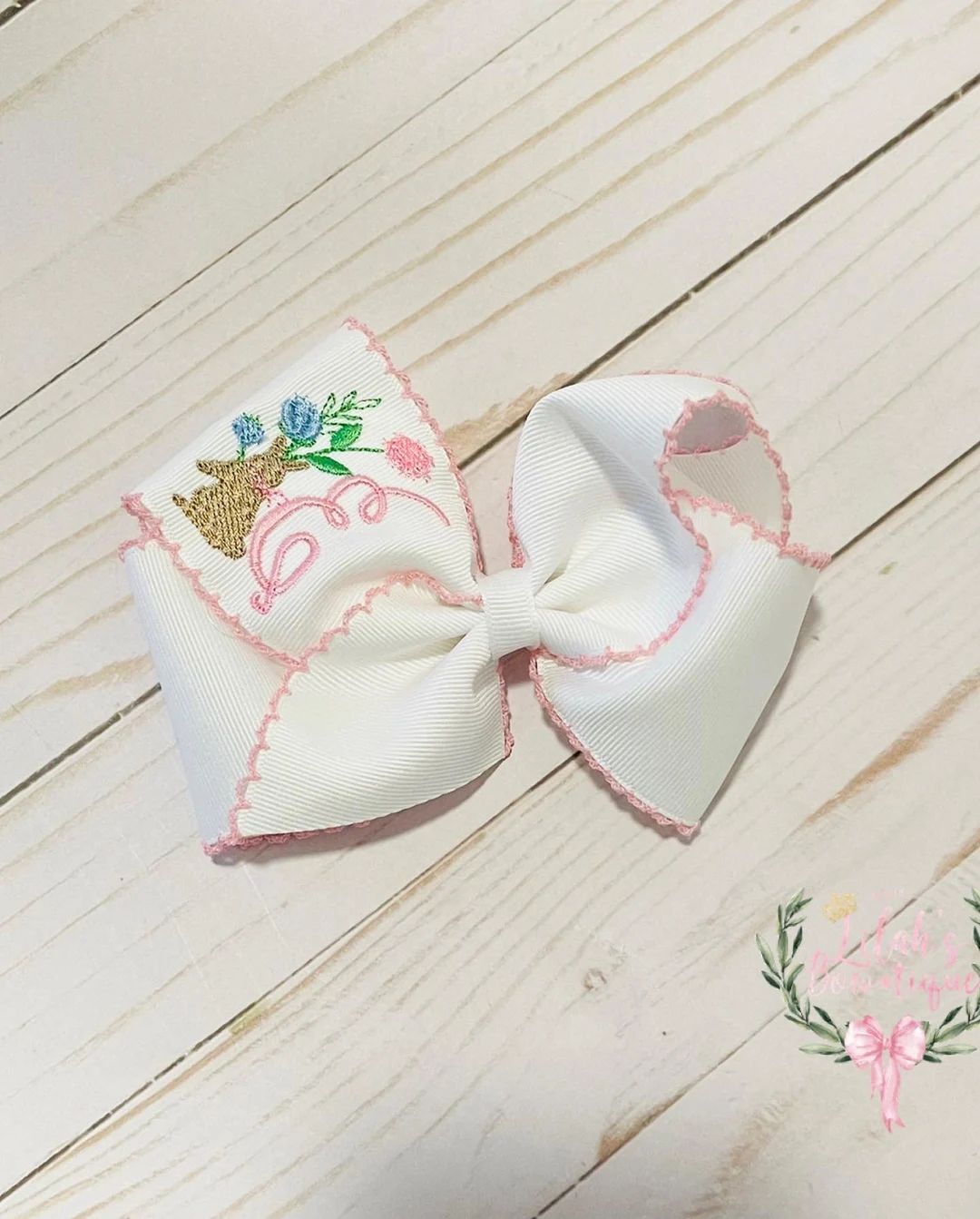 Custom embroidered Personalized Floral Easter bunny moonstitch ribbon Easter hair bow | Etsy (US)