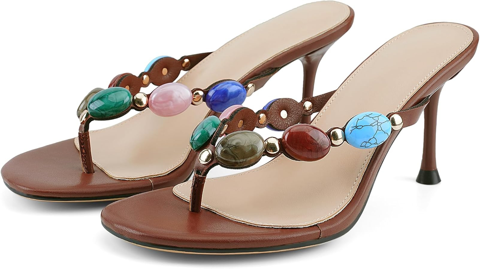 Flip Flop Heels for Women Thong Heels Round Open Toe Jeweled Sandals Summer Heeled Mules Fashion ... | Amazon (US)