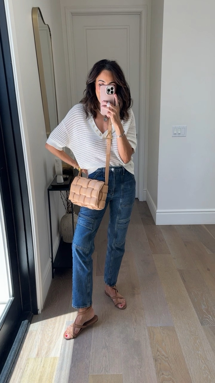 Todays mom duty outfit 💛 
Top XS
Denim 25, tts 

Cargo jeans, wrap sandals, bottega bag, Lucy’s Whims, Varley, mom style 

#LTKstyletip #LTKSeasonal #LTKshoecrush