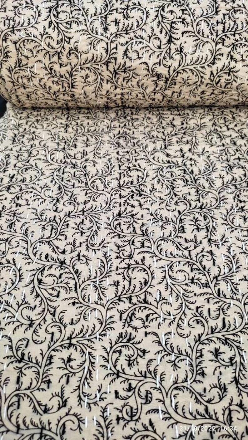Beige quilt Beige Kantha Quilt Queen Hand block kantha quilt bedspread throw handmade bedsheet qu... | Etsy (US)
