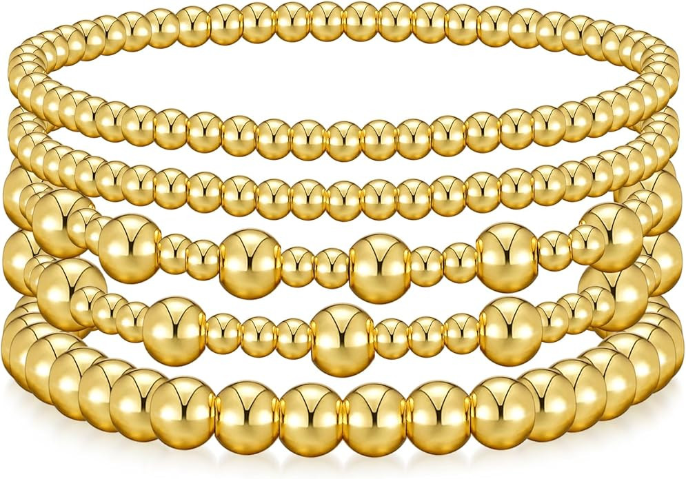 14K Gold Plated Bracelets for Women Non-Tarnish, 3-Layer Woven Beaded Bracelet for women, Stretch... | Amazon (US)
