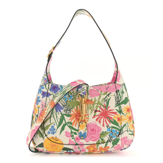 X KEN SCOTT New Shangai Calfskin Jardin D'Avril Floral Print Small Jackie 1961 Hobo Ivory Pink | FASHIONPHILE (US)