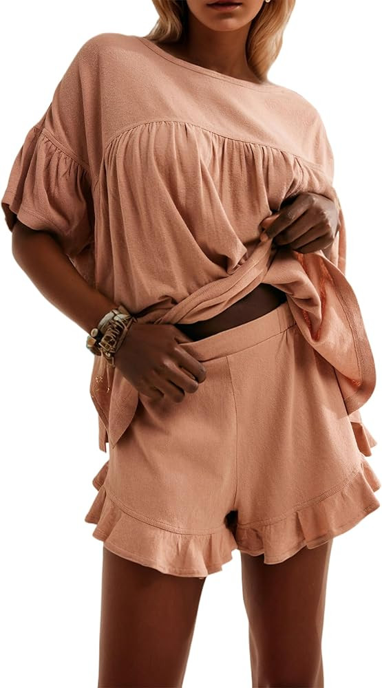MISSACTIVER Women Pajama Sets Puff Half Sleeve Pleated Tunic Tops and Ruffle Hem Shorts Pj Sets C... | Amazon (US)