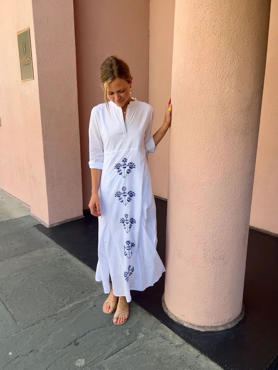 Mallory Maxi Dress White with Blue Embroidery | Madison Mathews