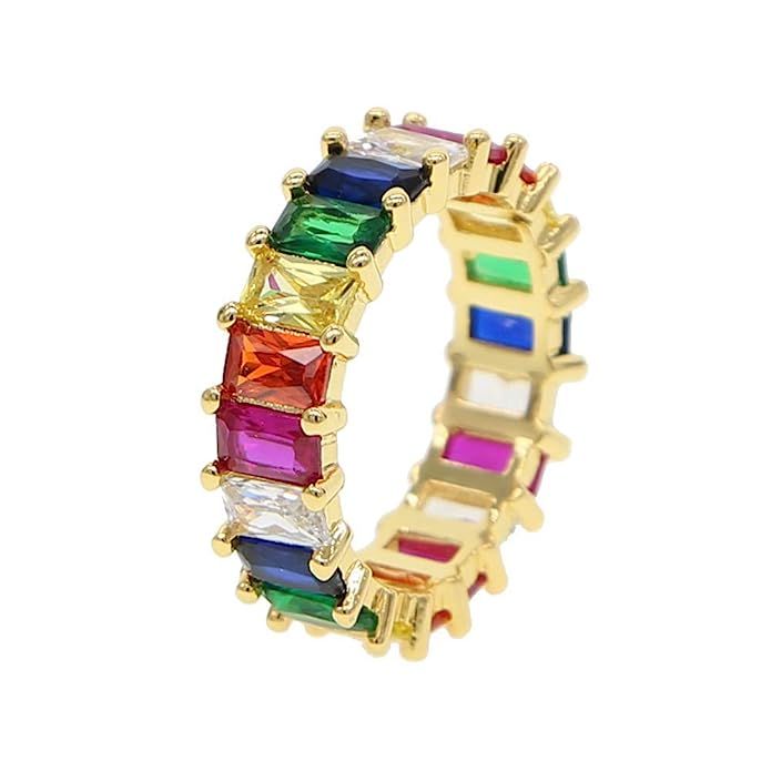 Gold Filled Fashion Jewelry Rainbow Square Baguette cz Engagement Ring for Women Colorful Cubic Z... | Amazon (US)