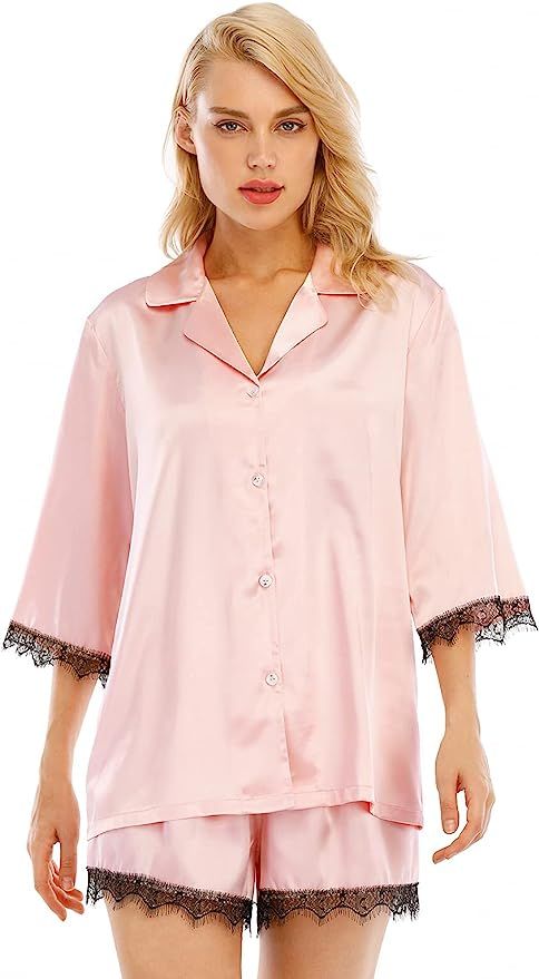 Escalier Women's Slik Satin Pajamas Set Shorts 2 Piece Pj Sets Botton Down Sleepwear with Lace Tr... | Amazon (US)