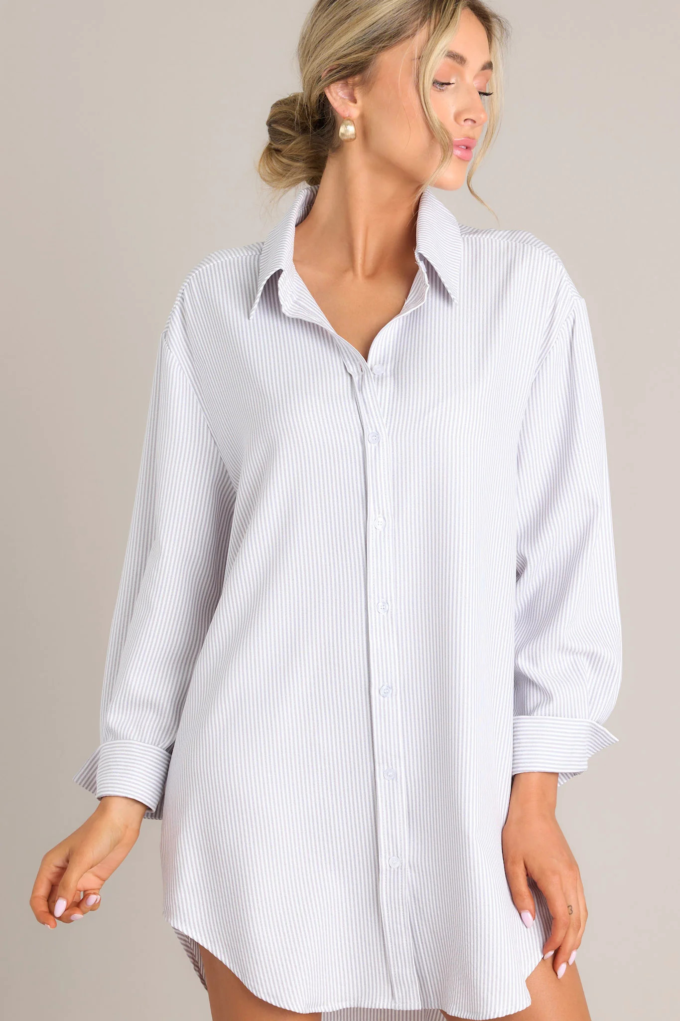 My Everything Grey Stripe Button Front Shirt Dress | Red Dress