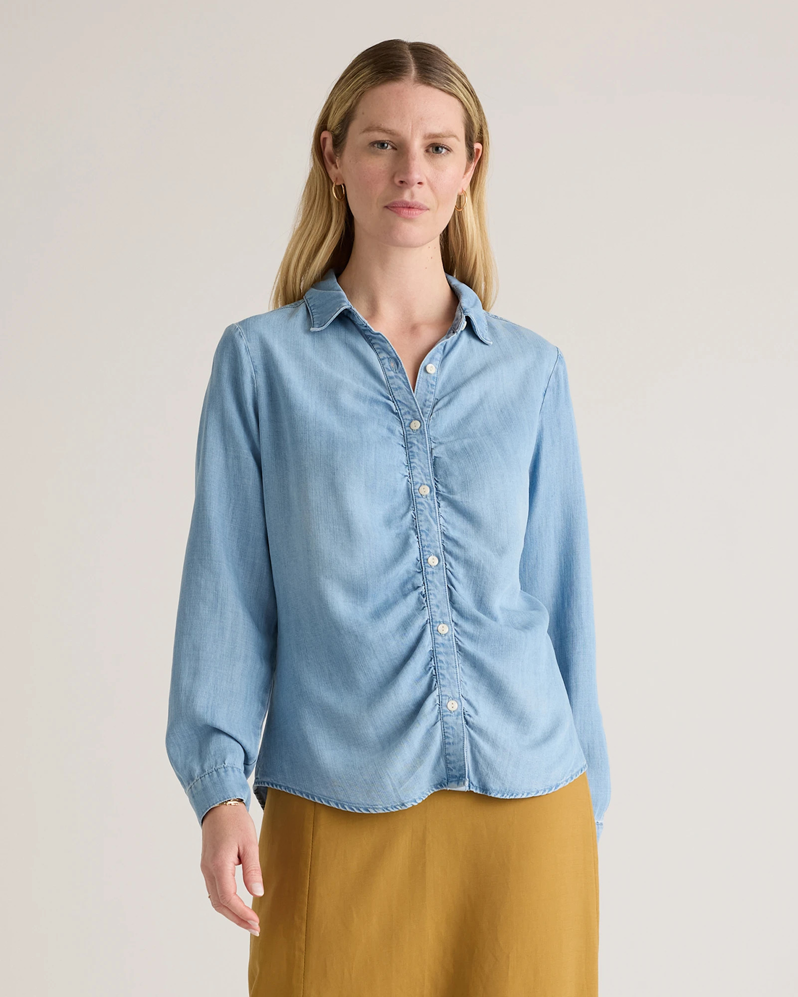 Chambray Tencel Shirred Long Sleeve Shirt | Quince