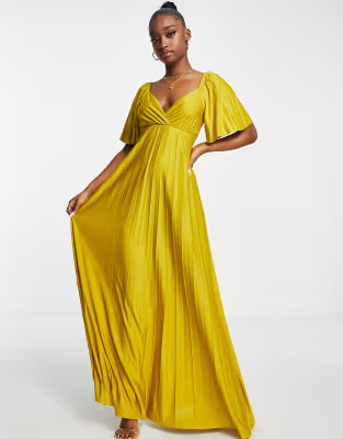 ASOS DESIGN pleated twist back cap sleeve maxi dress in mustard | ASOS (Global)