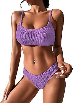 YELAIVP Women's Scoop Neck Spaghetti Straps Ribbed Bikinis Padded High Cut Thong Two Pieces Swims... | Amazon (US)