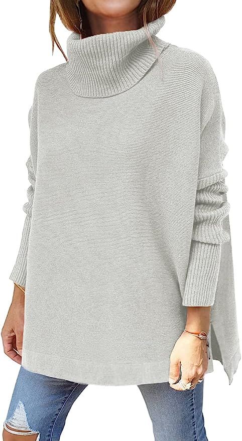 LILLUSORY Silver Women Clothes Turtleneck Oversized Sweaters 2022 Fall Long Batwing Sleeve Spilt ... | Amazon (US)