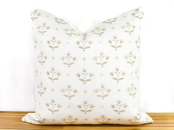 Tan Floral Block Print Pillow Cover Neutral Floral Pillow - Etsy | Etsy (US)