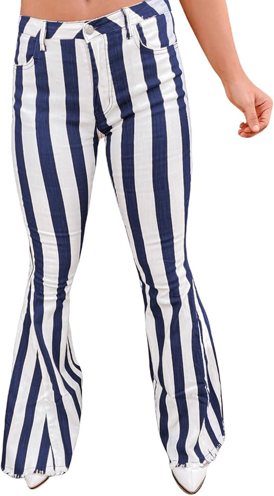 Sidefeel Womens Striped Bell Bottom Jeans Raw Hem Flared Denim Pants | Amazon (US)