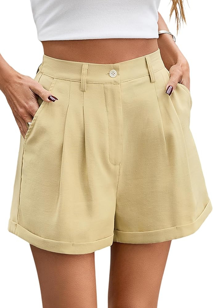 Allimy Womens Summer High Waisted Cuffed Shorts Back Elastic Waistband Pleated Linen Shorts with ... | Amazon (US)