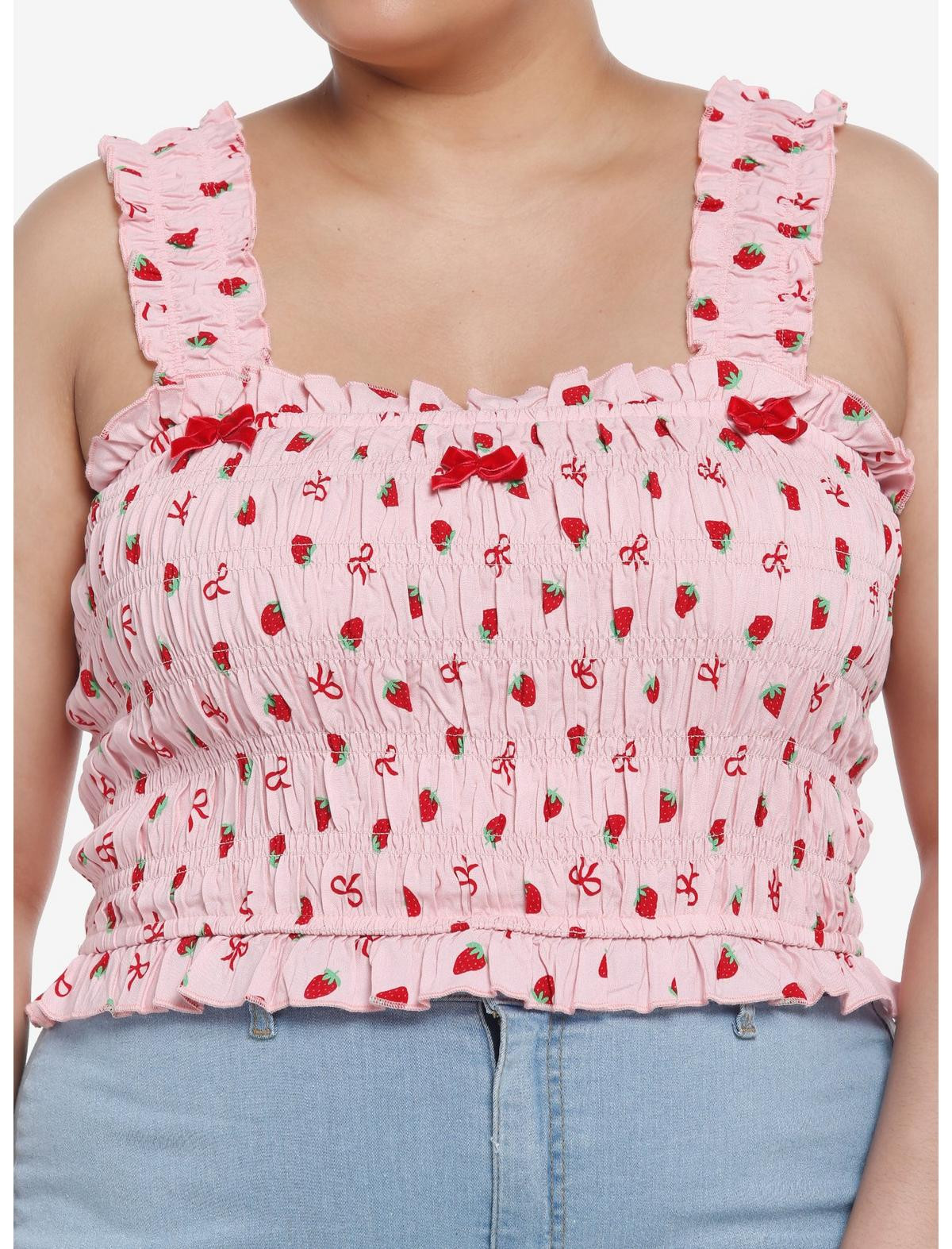 Pink Strawberry Smocked Girls Crop Tank Top Plus Size | Hot Topic | Hot Topic