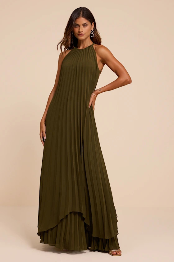 Dorala Olive Pleated Lace-Up Tiered Maxi Dress | Lulus