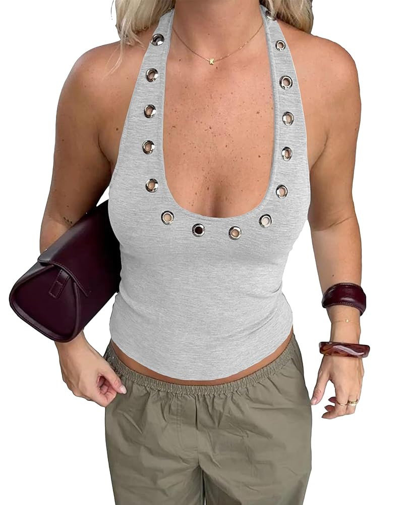 Women Y2k Punk Grommet Eyelet Halter Neck Crop Tank Tops Slim Fitted Sleeveless Backless Grunge S... | Amazon (US)