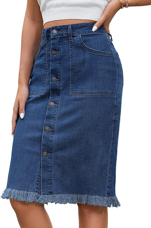 luvamia Women's Casual Mid Rise Button Down Frayed Raw Hem Denim Jean Midi Skirt | Amazon (US)