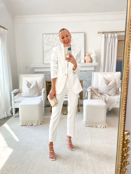 The perfect white linen suit for spring. Love this fabric! So light yet still structured. I sized one size down to xxs in both the pants and blazer. Typically I am an xs in tops and  2 in bottoms for reference. 
Shoes from Karen Millen fit true to size. And use code VERONICA20 for 20% off Karen Millen almost site wide  

#LTKshoecrush #LTKsalealert #LTKworkwear