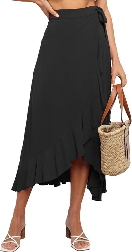 Umenlele Women's Casual Tie waist Asymmetric Swing Ruffle Wrap Hem Flowy Mid Skirt | Amazon (US)