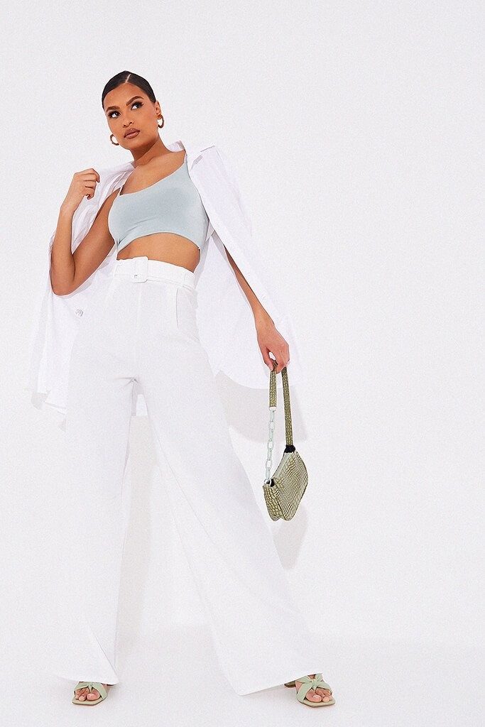Cream Wide Leg Belted Trousers | ISAWITFIRST
