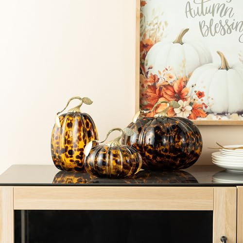 Glitzhome Amber Dots Glass Pumpkin Set of 3, Hand Blown Glass Pumpkins Fall Decor, Crystal Pumpkins Figurines for Fall Harvest Thanksgiving Halloween, Art Pumpkin Tabletop Home Decor Collectible | Amazon (US)