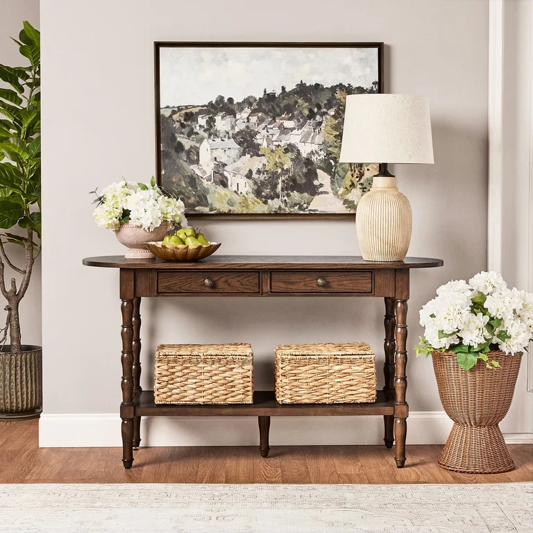 My Texas House Lewis Console Table in Warm Brown with Oval Top and Storage Drawers | Walmart (US)