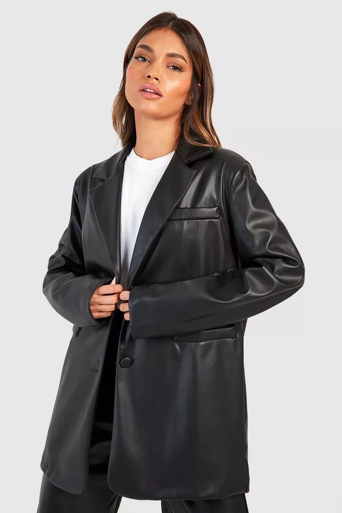 Faux Leather Single Breasted Relaxed Fit Blazer | boohoo (US & Canada)