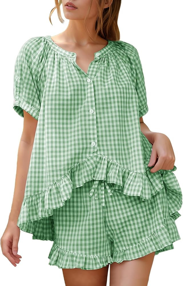 Flygo Womens Gingham Pajamas Set 2 Piece Cotton Pj Lounge Sets Puff Sleeve Ruffle Babydoll Shirt ... | Amazon (US)