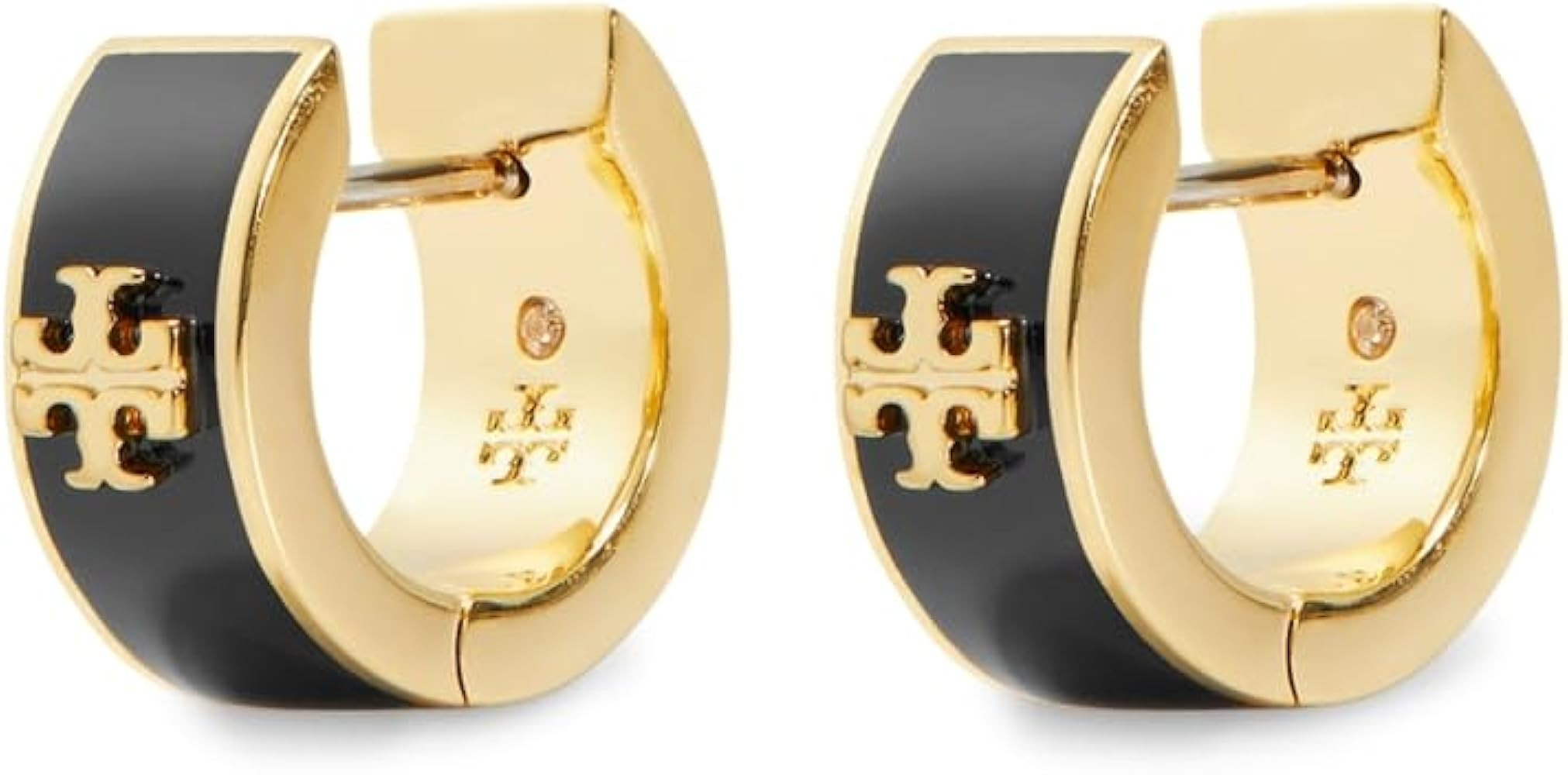Amazon.com: Tory Burch Women's Wide Icon Enamel Huggie Earrings, Tory Gold/Black, One Size: Cloth... | Amazon (US)