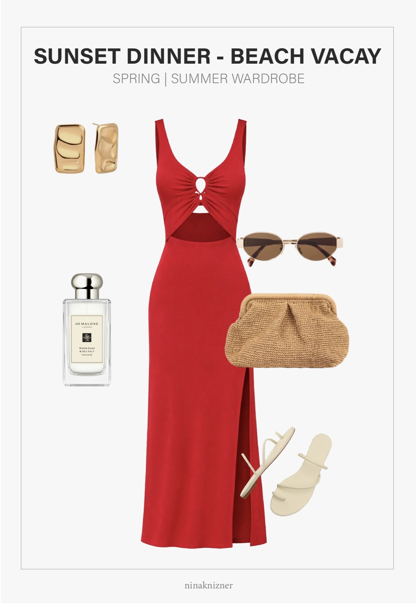 Bright and fun summer outfit, where the red ribbed dress is everything!!

I ran into this pair of earrings in Nordstrom, and they’re stunning, had to get it. 

The red midi dress I bought last summer, had to search the earth and sky for this color, but it’s back in stock at Revolve right now, so if you’re thinking you might want it, you have to get it right now. 

- Ettika - Molten Edge Stud Earrings
- L*space - Camille Dress in Flame
- Jo Malone - Wood Sage & Sea Salt Perfume
- Celine - Triomphe 54mm Oval Sunglasses
- Etsy - Straw Summer Pouch Bag in Modern Natural Wicker
- Reformation - Ludo Toe Ring Strappy Flat Sandal in Almond Leather


#spring #springoutfits2026 #womenspringoutfits #summer #summeroutfits2026 #womensummeroutfits  #traveloutfits #travel #accessories #springaccessories #summeraccessories  #destinations #coastal #westcoast #coastalcalifornia #vacation #mediterranean #europeansummer #essentials #basics #staples #capsulewardrobe #minimalist #ovalsunglasses #sunglasses #reddress #mididress #springdress #summerdress #red #leathersandals #ivory #sandals #flats #slipons #shoes #springshoes #summershoes #travelshoes #strappysandals #bag #straw #wicker #springbag #summerbag #vacationbag #jewelry #studs #gold #ettika #statementearrings

#LTKootd #LTKTravel #LTKSeasonal
