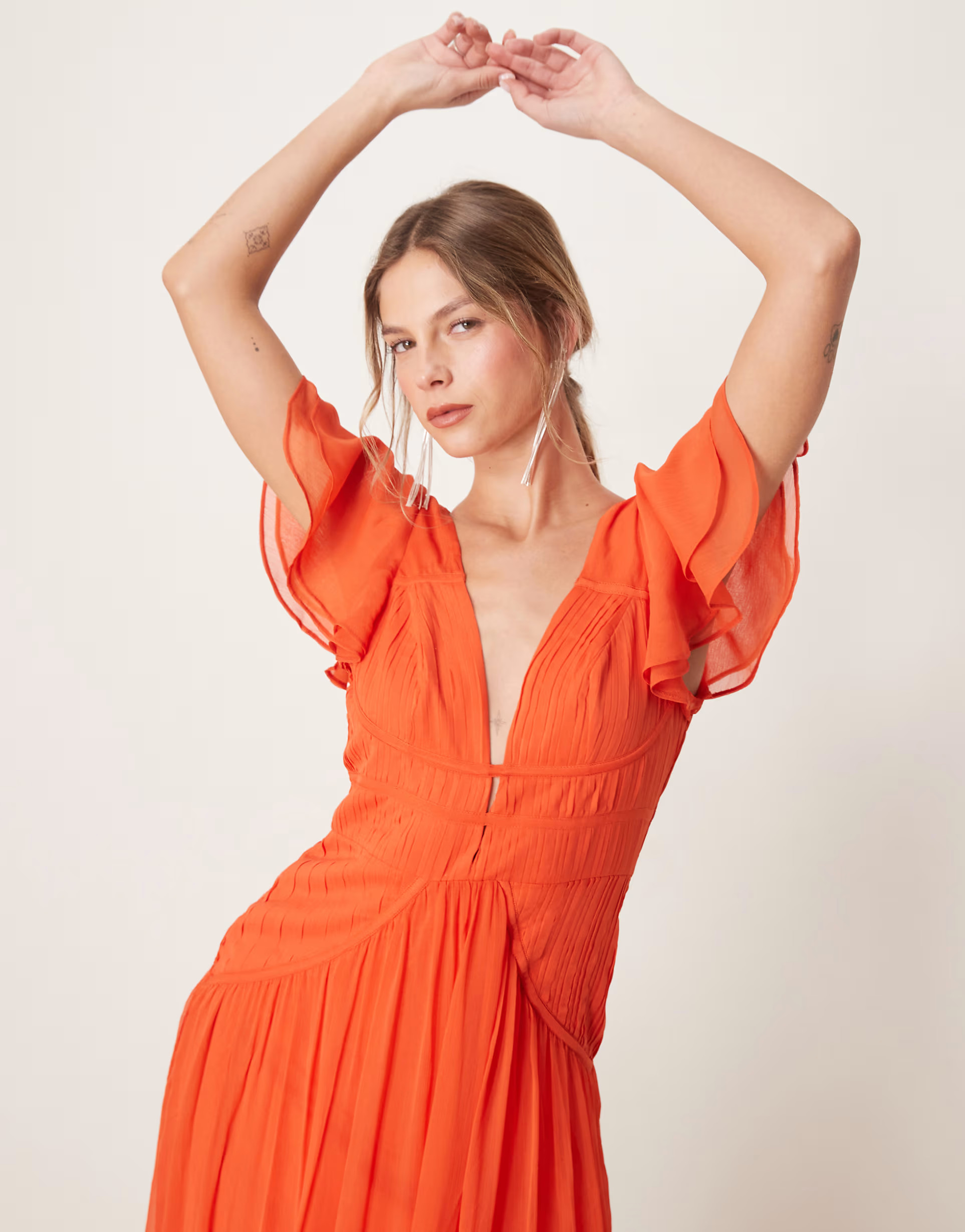 ASOS DESIGN flutter sleeve ruched maxi dress with hi low hem in spicy red | ASOS | ASOS (Global)