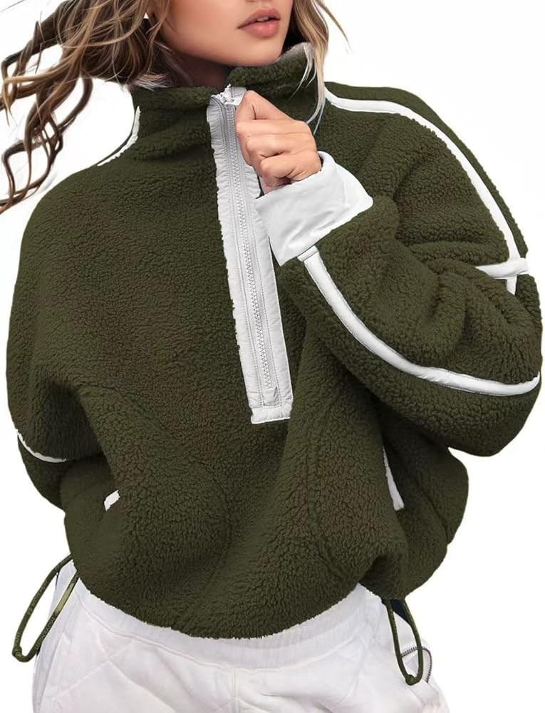 Women's Fleece Sweatshirts Half Zip Pullover Long Sleeve Oversized Workout Crop Tops Hoodie with ... | Amazon (US)