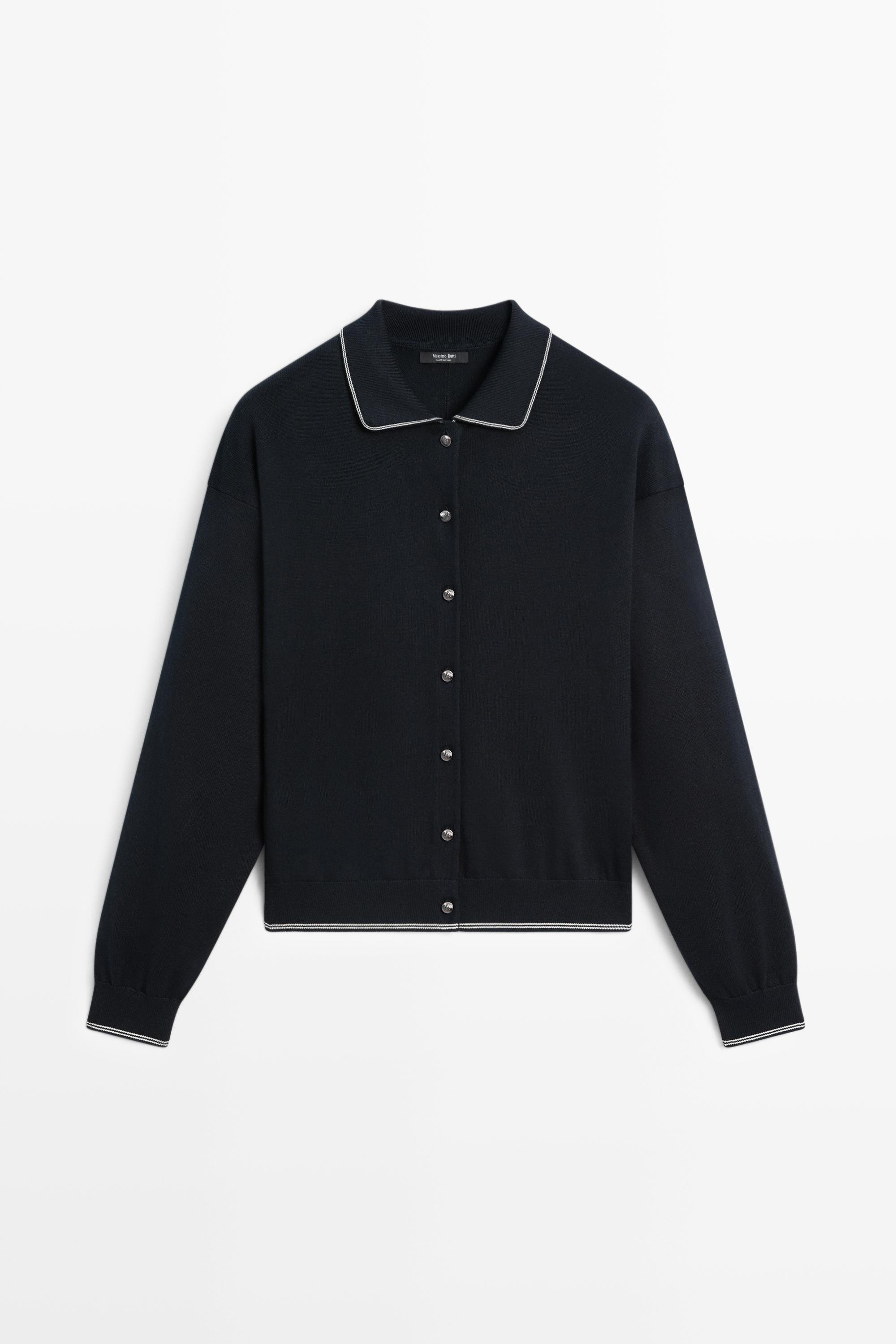 100% cotton contrast polo collar cardigan - NAVY BLUE | Massimo Dutti US