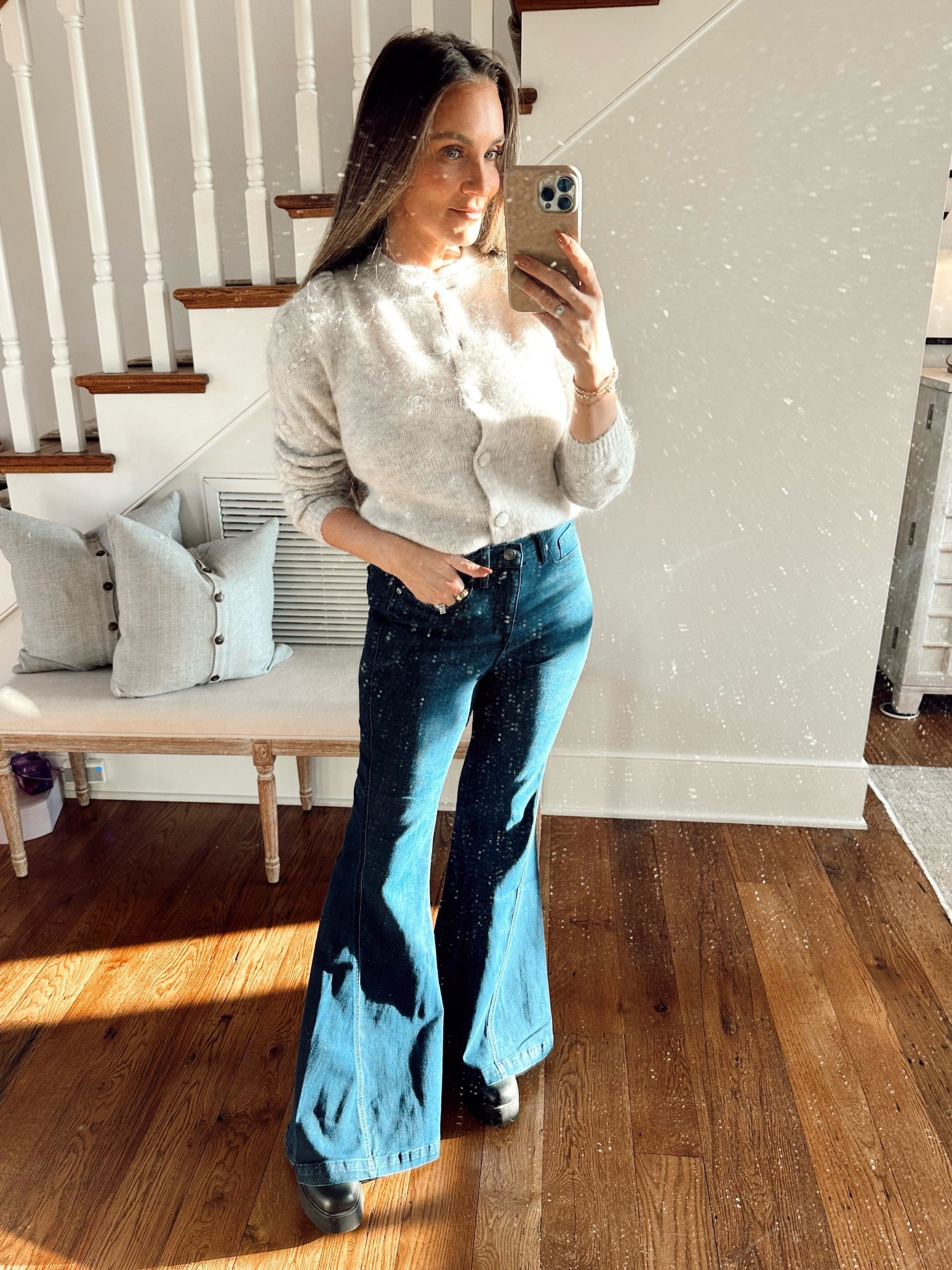 $25 Walmart stretchy flare jeans paired with sesame cardigan. Winter casual outfit inspiration  

#LTKmomlife #LTKootd #LTKOver40