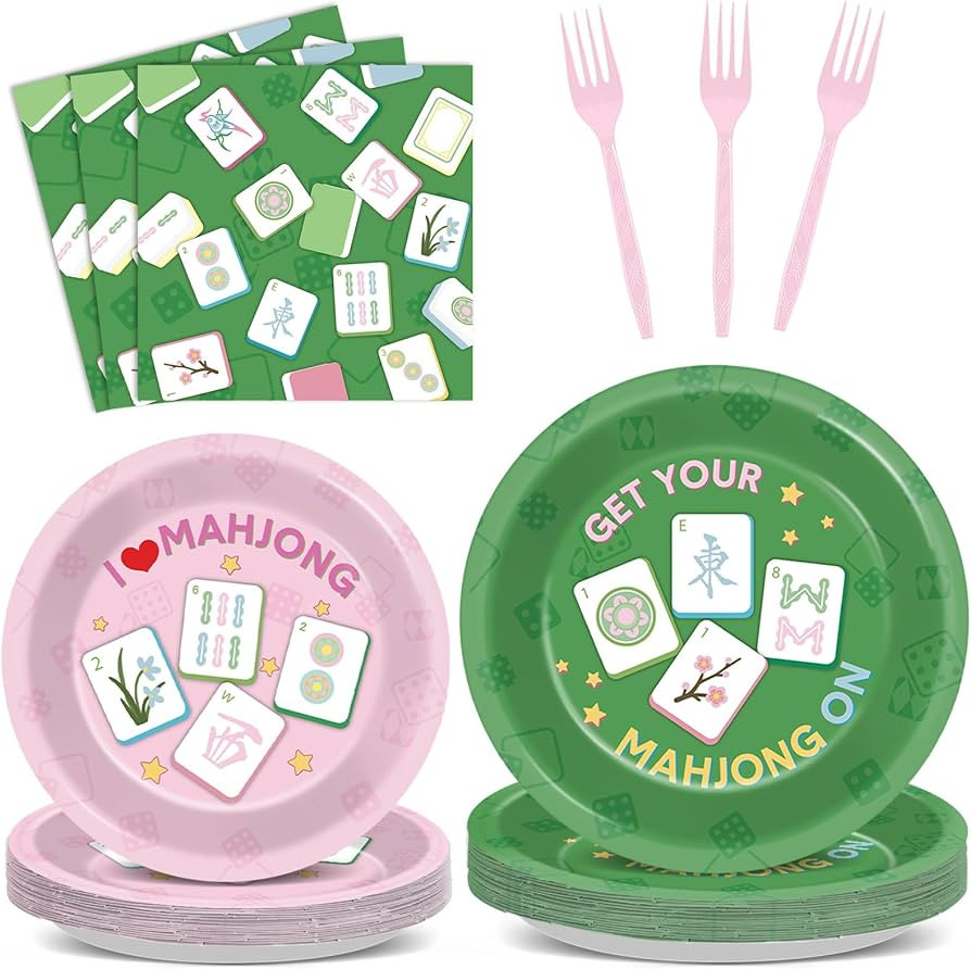 96pcs Mahjong Party Decorations Mahjong-Themed Paper Tableware Set Pink And Green Plates Napkins ... | Amazon (US)
