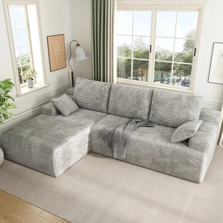 104" Cloud Sectional Couch with L-Shape Chaise, Modern Modular Sofa with Deep Seat, Upholstered Couches with Back Cushion for Living Room Bedroom, No Assembly Required, White Grey (Corduroy Fabric) | Walmart (US)
