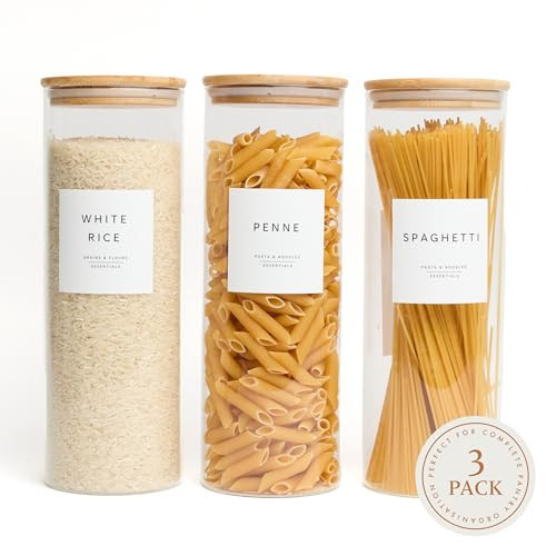 Livabl Set of 3 Glass Pantry Storage Containers with Lids- 12 Pantry Labels– (70oz) Glass Canisters with bamboo lids-Perfect Rice, Cereal, Flour, Pasta, Oats, food storage -Airtight-kitchen canisters | Amazon (US)
