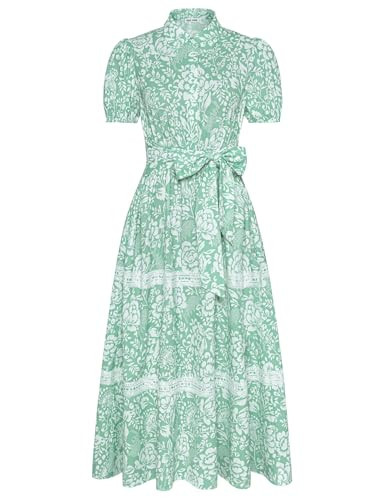 GRACE KARIN Women's 2026 Summer Floral Flowy Dresses Boho Tie Belt Short Puff Sleeve A Line Maxi Shirt Dress with Pocket Green White Small | Amazon (US)