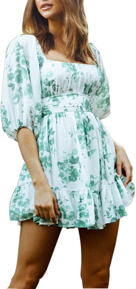 Senllen Women's Flowy Ruffle Lantern Sleeve Tie Back Dress Backless Off Shoulder Mini Beach Boho Dre | Amazon (US)