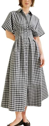 Yeokou Women Plaid Shirt Dress Short Sleeve Button Down Pleated Gingham A Line Maxi Dresses Casua... | Amazon (US)