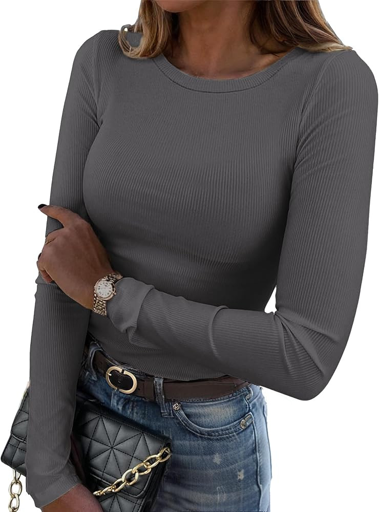 Zeagoo Womens Long Sleeve Stretch Crewneck Ribbed T-Shirt Slim Fit Casual Basic Tops S-XXL | Amazon (US)