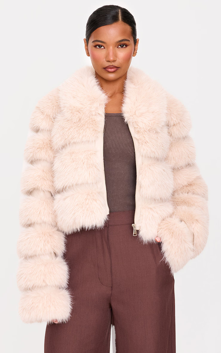 Mushroom Plush Bubble Faux Fur Zip Up Jacket | PrettyLittleThing US