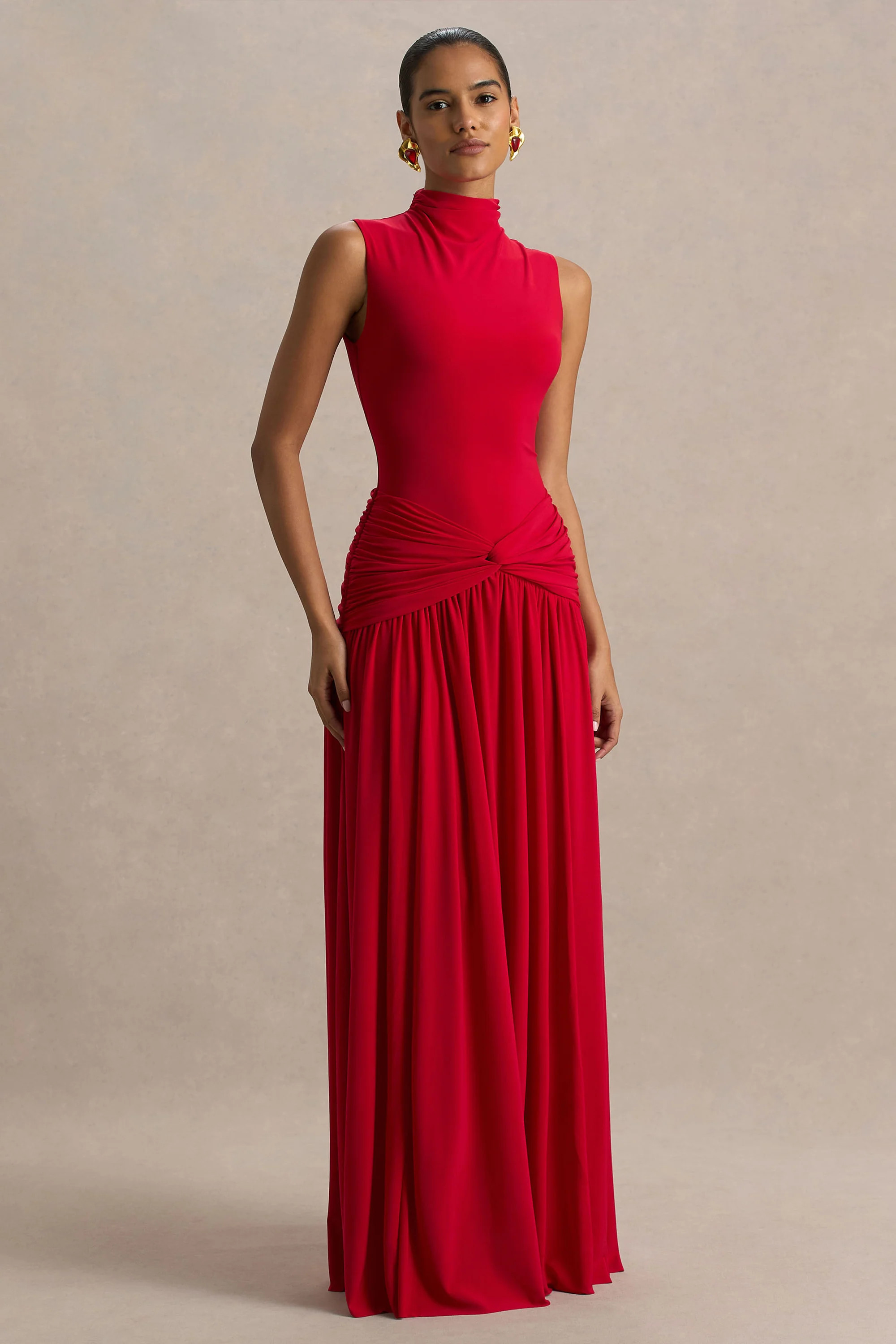 Cascade | Red High-Neck Maxi Dress With Twist Detail | Club L London